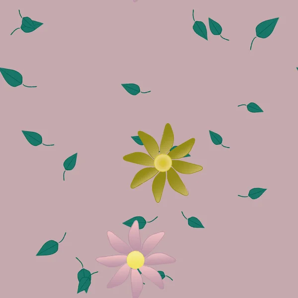 Motif Sans Couture Avec Des Fleurs Colorées Simples Feuilles Vertes — Image vectorielle