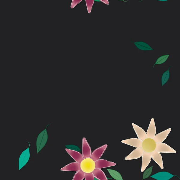 Бесшовный Узор Простыми Красочными Цветами Зелеными Листьями Обоев Векторная Иллюстрация — стоковый вектор
