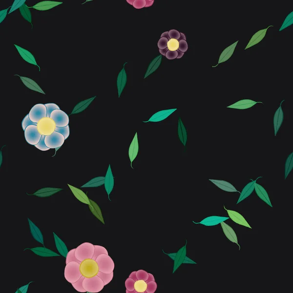 Motif Sans Couture Avec Des Fleurs Colorées Simples Feuilles Vertes — Image vectorielle