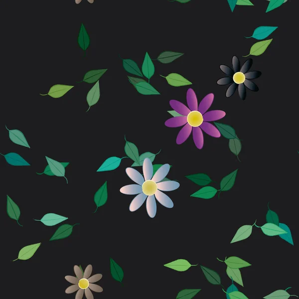 Motif Sans Couture Avec Des Fleurs Colorées Simples Feuilles Vertes — Image vectorielle