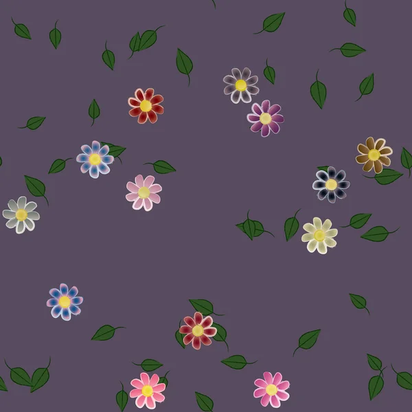 Seamless Pattern Simple Colorful Flowers Green Leaves Wallpaper Vector Illustration — Stock Vector