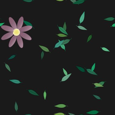 basit renkli çiçekleri olan serbest kompozisyon ve duvar kağıdı için yeşil yapraklar, vektör illüstrasyonu