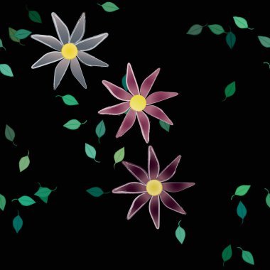 basit renkli çiçekleri olan serbest kompozisyon ve duvar kağıdı için yeşil yapraklar, vektör illüstrasyonu