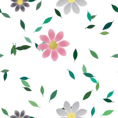 Basit renkli çiçeklerle kusursuz desen ve duvar kağıdı için yeşil yapraklar, vektör illüstrasyonu