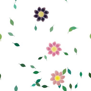 Basit renkli çiçeklerle kusursuz desen ve duvar kağıdı için yeşil yapraklar, vektör illüstrasyonu