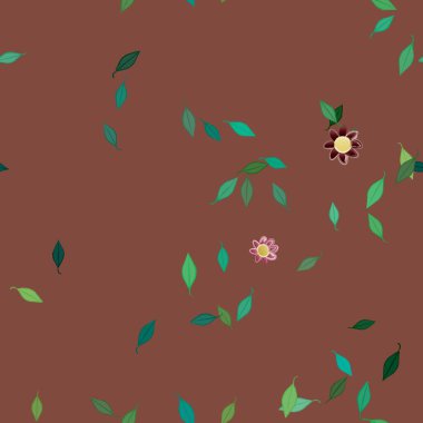 Basit renkli çiçeklerle kusursuz desen ve duvar kağıdı için yeşil yapraklar, vektör illüstrasyonu