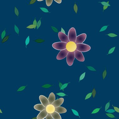 Basit renkli çiçeklerle kusursuz desen ve duvar kağıdı için yeşil yapraklar, vektör illüstrasyonu