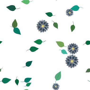 basit renkli çiçekleri olan serbest kompozisyon ve duvar kağıdı için yeşil yapraklar, vektör illüstrasyonu