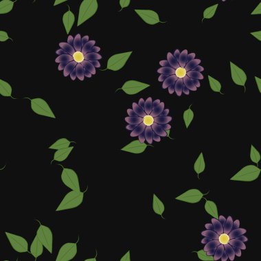 Basit renkli çiçeklerle kusursuz desen ve duvar kağıdı için yeşil yapraklar, vektör illüstrasyonu