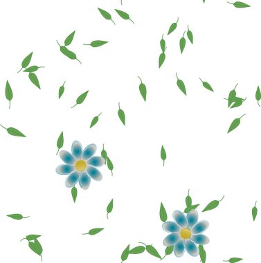 Basit renkli çiçeklerle kusursuz desen ve duvar kağıdı için yeşil yapraklar, vektör illüstrasyonu