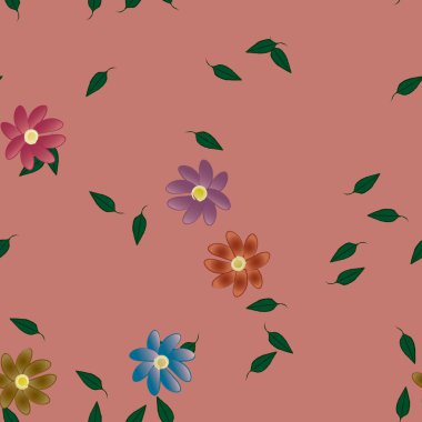 Basit renkli çiçeklerle kusursuz desen ve duvar kağıdı için yeşil yapraklar, vektör illüstrasyonu