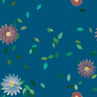 Basit renkli çiçeklerle kusursuz desen ve duvar kağıdı için yeşil yapraklar, vektör illüstrasyonu