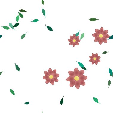 Basit renkli çiçeklerle kusursuz desen ve duvar kağıdı için yeşil yapraklar, vektör illüstrasyonu