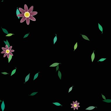 basit renkli çiçekleri olan serbest kompozisyon ve duvar kağıdı için yeşil yapraklar, vektör illüstrasyonu