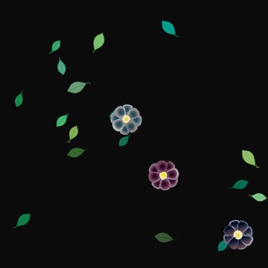 Basit renkli çiçeklerle kusursuz desen ve duvar kağıdı için yeşil yapraklar, vektör illüstrasyonu