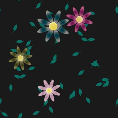 basit renkli çiçekleri olan serbest kompozisyon ve duvar kağıdı için yeşil yapraklar, vektör illüstrasyonu