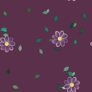 Basit renkli çiçeklerle kusursuz desen ve duvar kağıdı için yeşil yapraklar, vektör illüstrasyonu