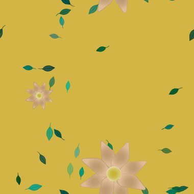 basit renkli çiçekleri olan serbest kompozisyon ve duvar kağıdı için yeşil yapraklar, vektör illüstrasyonu