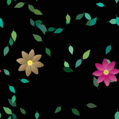 basit renkli çiçekleri olan serbest kompozisyon ve duvar kağıdı için yeşil yapraklar, vektör illüstrasyonu