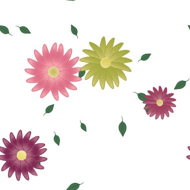 basit renkli çiçekleri olan serbest kompozisyon ve duvar kağıdı için yeşil yapraklar, vektör illüstrasyonu