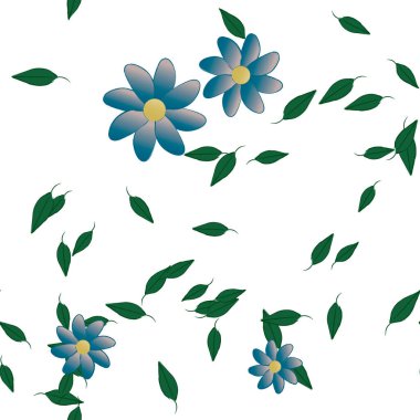 Basit renkli çiçeklerle kusursuz desen ve duvar kağıdı için yeşil yapraklar, vektör illüstrasyonu