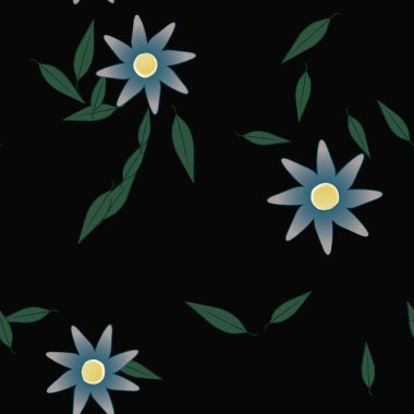 basit renkli çiçekleri olan serbest kompozisyon ve duvar kağıdı için yeşil yapraklar, vektör illüstrasyonu