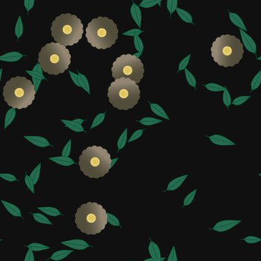 basit renkli çiçekleri olan serbest kompozisyon ve duvar kağıdı için yeşil yapraklar, vektör illüstrasyonu