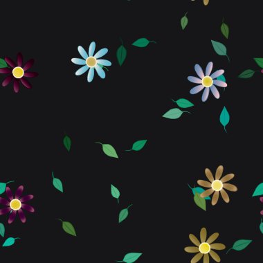 Basit renkli çiçeklerle kusursuz desen ve duvar kağıdı için yeşil yapraklar, vektör illüstrasyonu