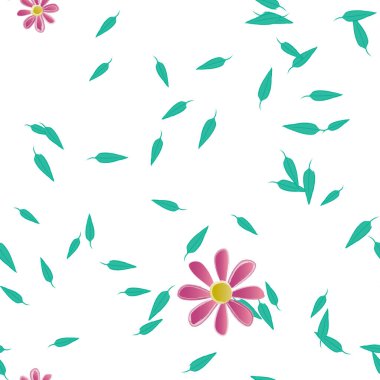 Basit renkli çiçeklerle kusursuz desen ve duvar kağıdı için yeşil yapraklar, vektör illüstrasyonu