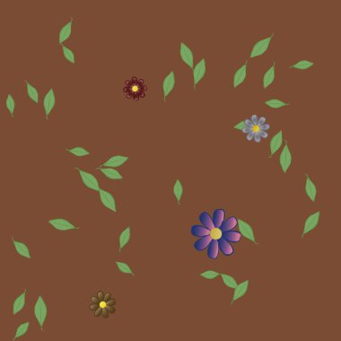 Basit renkli çiçeklerle kusursuz desen ve duvar kağıdı için yeşil yapraklar, vektör illüstrasyonu