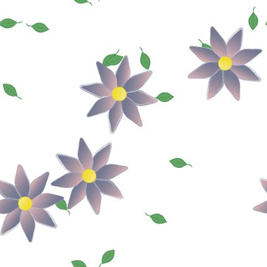 basit renkli çiçekleri olan serbest kompozisyon ve duvar kağıdı için yeşil yapraklar, vektör illüstrasyonu