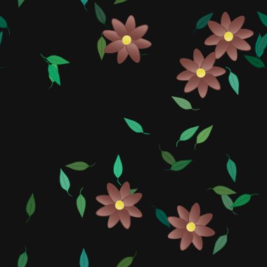 basit renkli çiçekleri olan serbest kompozisyon ve duvar kağıdı için yeşil yapraklar, vektör illüstrasyonu