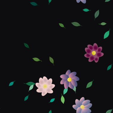 Basit renkli çiçeklerle kusursuz desen ve duvar kağıdı için yeşil yapraklar, vektör illüstrasyonu