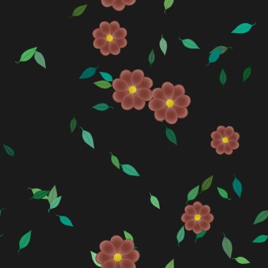 Basit renkli çiçeklerle kusursuz desen ve duvar kağıdı için yeşil yapraklar, vektör illüstrasyonu