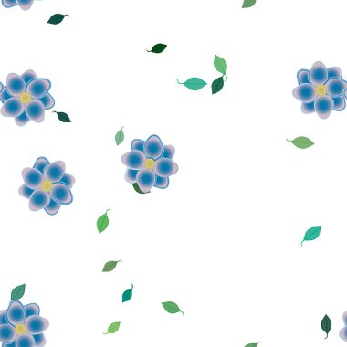 Basit renkli çiçeklerle kusursuz desen ve duvar kağıdı için yeşil yapraklar, vektör illüstrasyonu