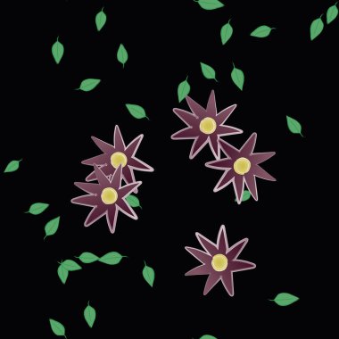 basit renkli çiçekleri olan serbest kompozisyon ve duvar kağıdı için yeşil yapraklar, vektör illüstrasyonu