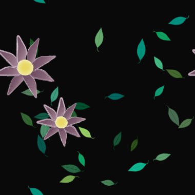 basit renkli çiçekleri olan serbest kompozisyon ve duvar kağıdı için yeşil yapraklar, vektör illüstrasyonu