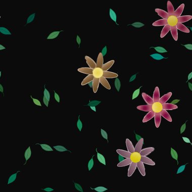 basit renkli çiçekleri olan serbest kompozisyon ve duvar kağıdı için yeşil yapraklar, vektör illüstrasyonu