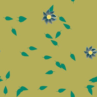 basit renkli çiçekleri olan serbest kompozisyon ve duvar kağıdı için yeşil yapraklar, vektör illüstrasyonu