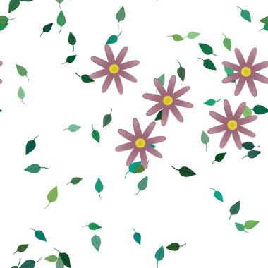 Basit renkli çiçeklerle kusursuz desen ve duvar kağıdı için yeşil yapraklar, vektör illüstrasyonu