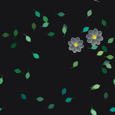 Basit renkli çiçeklerle kusursuz desen ve duvar kağıdı için yeşil yapraklar, vektör illüstrasyonu