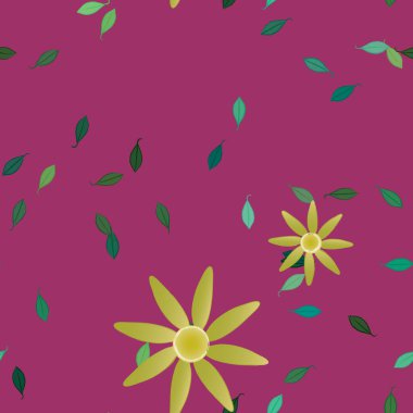 Basit renkli çiçeklerle kusursuz desen ve duvar kağıdı için yeşil yapraklar, vektör illüstrasyonu