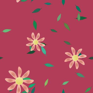 basit renkli çiçekleri olan serbest kompozisyon ve duvar kağıdı için yeşil yapraklar, vektör illüstrasyonu