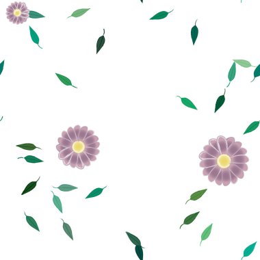 Basit renkli çiçeklerle kusursuz desen ve duvar kağıdı için yeşil yapraklar, vektör illüstrasyonu