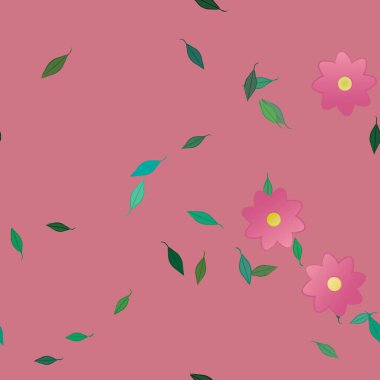 Basit renkli çiçeklerle kusursuz desen ve duvar kağıdı için yeşil yapraklar, vektör illüstrasyonu