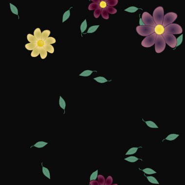 basit renkli çiçekleri olan serbest kompozisyon ve duvar kağıdı için yeşil yapraklar, vektör illüstrasyonu