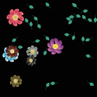 basit renkli çiçekleri olan serbest kompozisyon ve duvar kağıdı için yeşil yapraklar, vektör illüstrasyonu