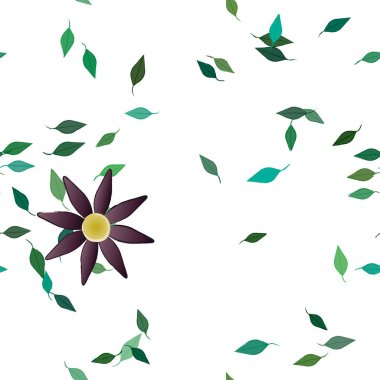 Basit renkli çiçeklerle kusursuz desen ve duvar kağıdı için yeşil yapraklar, vektör illüstrasyonu