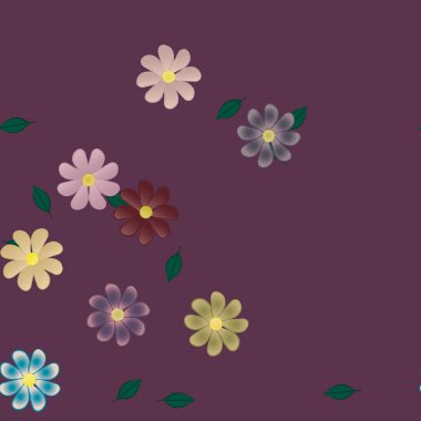 Basit renkli çiçeklerle kusursuz desen ve duvar kağıdı için yeşil yapraklar, vektör illüstrasyonu