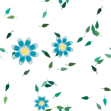 Basit renkli çiçeklerle kusursuz desen ve duvar kağıdı için yeşil yapraklar, vektör illüstrasyonu